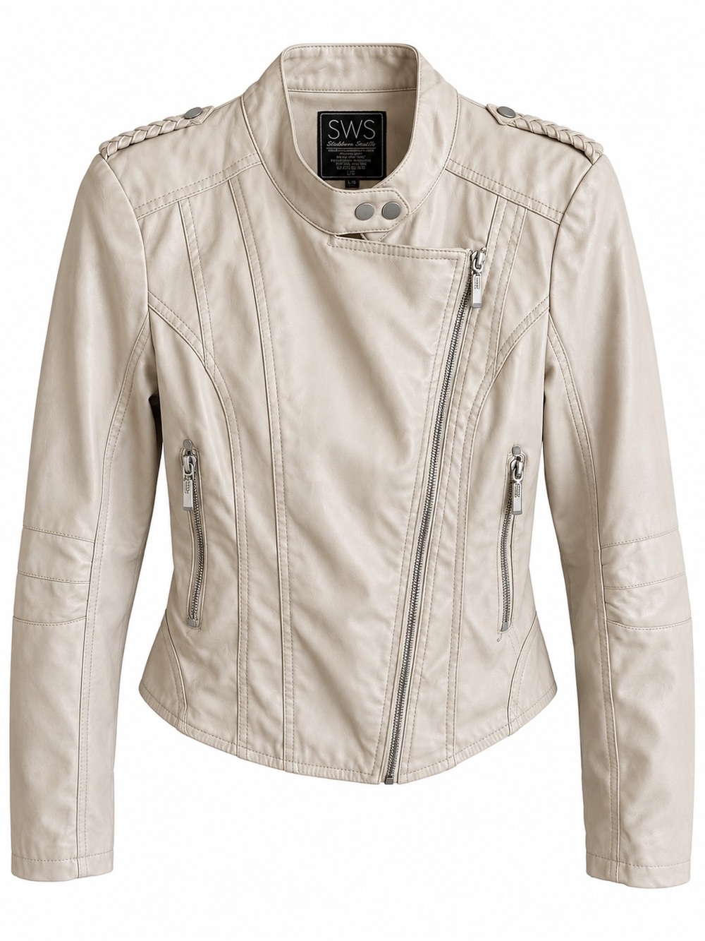 SWS Streetwear Society Cream Faux Leather Moto Jacket Size L